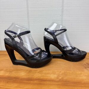 Aldo Black Platform Heels Cutout Wedge Strappy Avant Garde Size 7